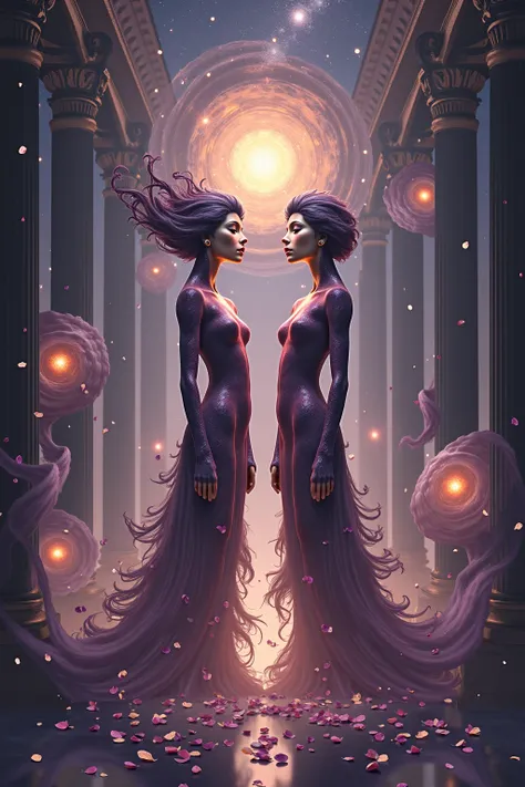 "A dreamlike celestial vision set in a grand ancient temple surrounded by an ethereal garden. Nox Umbra and Aurora Vitae, two divine women made of dark matter and stardust, stand gracefully amidst floating petals and cosmic energy. Their shimmering forms, ...