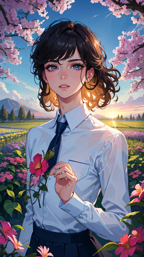 Curly-haired young man, See and return images, slender eyes, Colorful Dress Shirt and Necktie, The background is a lot of flowers々and butterfly wings