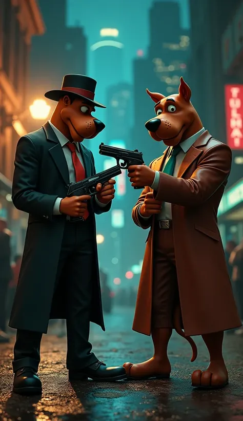 heroes of the cartoon Scooby-Doo  and Shaggy in the form of gangsters with guns cinematic and realistic