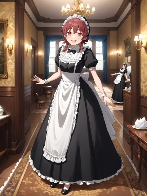 one girl,  alone, smile, ,Tell me Komiya, stupid hair,  perfect hands,2Women\( victorian maid ,  black long dress,full body\), break ,background\(internal,  victorian style room, is amazing\), break ,quality\(8k,Highly Detailed CG Unit Wallpaper, masterpie...