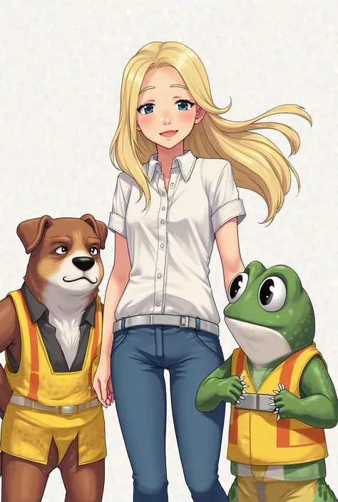 A smiling woman with blond hair, at ear height, wearing a white shirt and blue pants, accompanied by a humanoid bulldog and a humanoid frog, both are safety clothed and behave as such