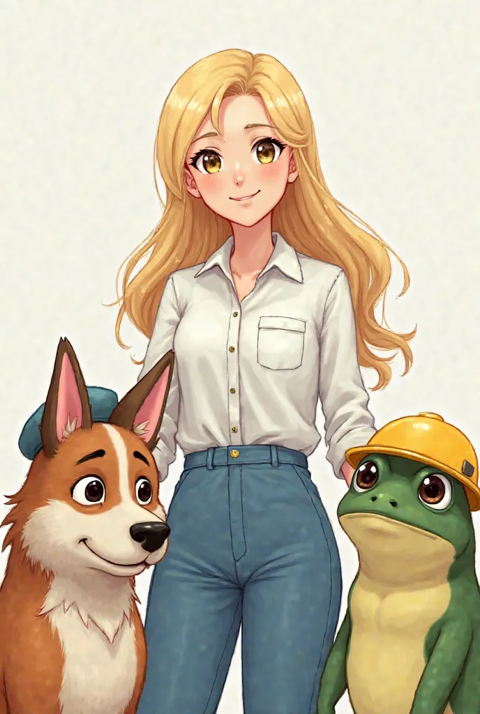 A smiling woman with blond hair, at ear height, wearing a white shirt and blue pants, accompanied by a humanoid bulldog and a humanoid frog, both are safety clothed and behave as such