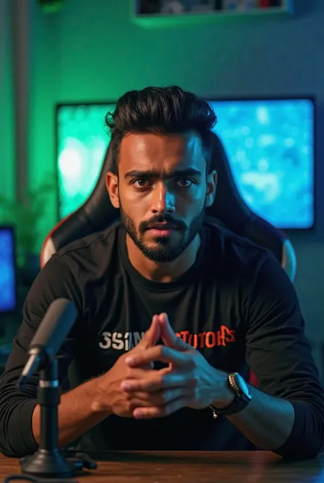 A 21 year old Indian boy sits in his YouTube studio on a modern gaming chair with a sigma personality and no smile on his face. The boy is sitting confidently and straight. The boy is in a seriously angry mood [**There is a table in front of the boy and on...