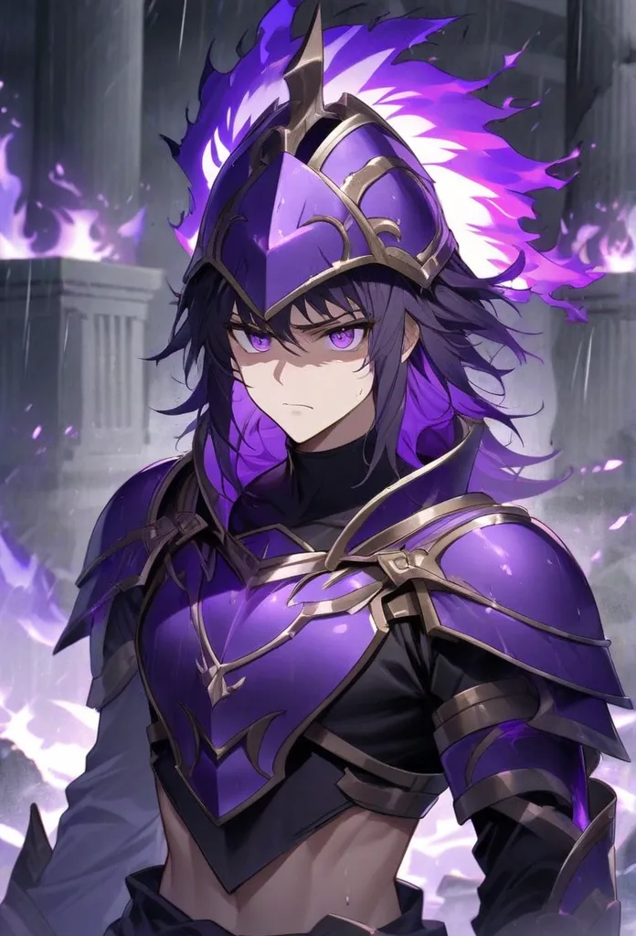  young faceless Greek warrior, Violet Eyes, wearing a Corinthian-style helmet with mane, eyes sparkle inside the, wearing all-purple armor with silver details, with a long sleeve black blouse with a high collar inside,  athletic body, serious expression, d...