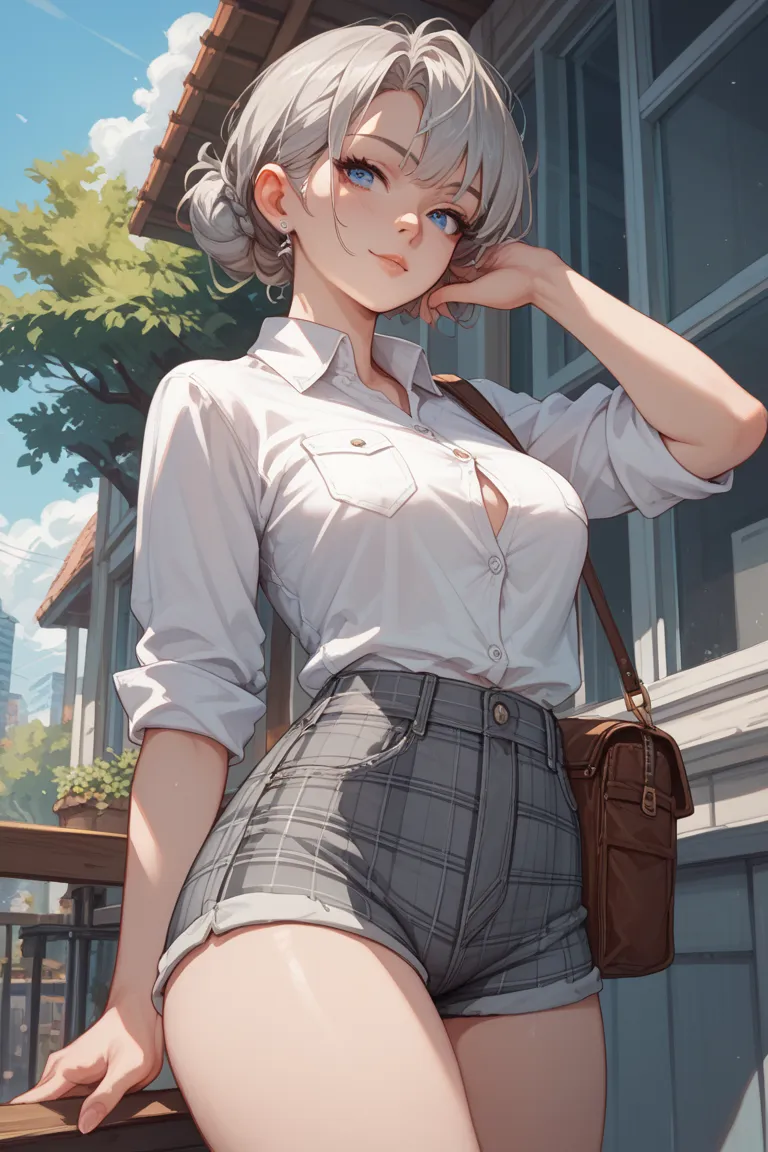 Anime-style illustration of a young woman with fair skin and short, light-gray hair. She has blue eyes and delicate features, wearing a white button-down shirt with rolled-up sleeves,tight gray plaid shorts.