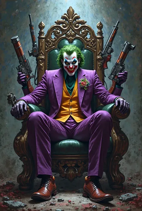 Le joker fou avec des armes assis sur un trone
