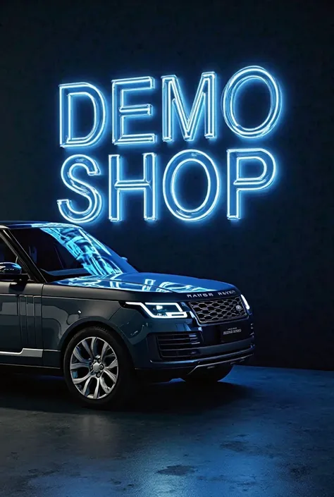 A 3D render of a large Range rover car with the text "DEMO SHOP" in a modern bold font. The text is backlit in blue and is displayed on a black wall. The car is parked at an angle, and its headlights are on. The background is dark.