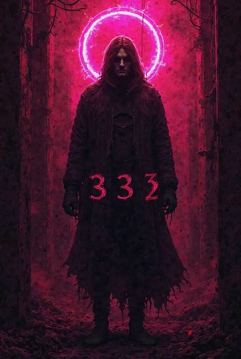 Create the background of a poster for a terrifying Techno and Hard Techno party in black and bright pink with the title 333 that includes some satanic element.