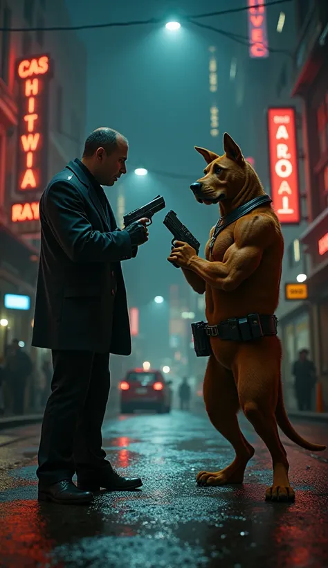 heroes of the cartoon Scooby-Doo  and Shaggy in the form of gangsters with guns cinematic and realistic