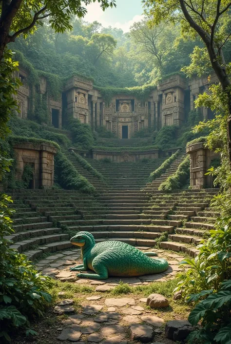 An ancient Aztec amphitheater, weathered by time, nestled deep within a lush jungle. Towering stone steps encircle the grand stage, adorned with intricate carvings of forgotten deities and sacred symbols. Vines and moss creep over the ruins, reclaiming the...