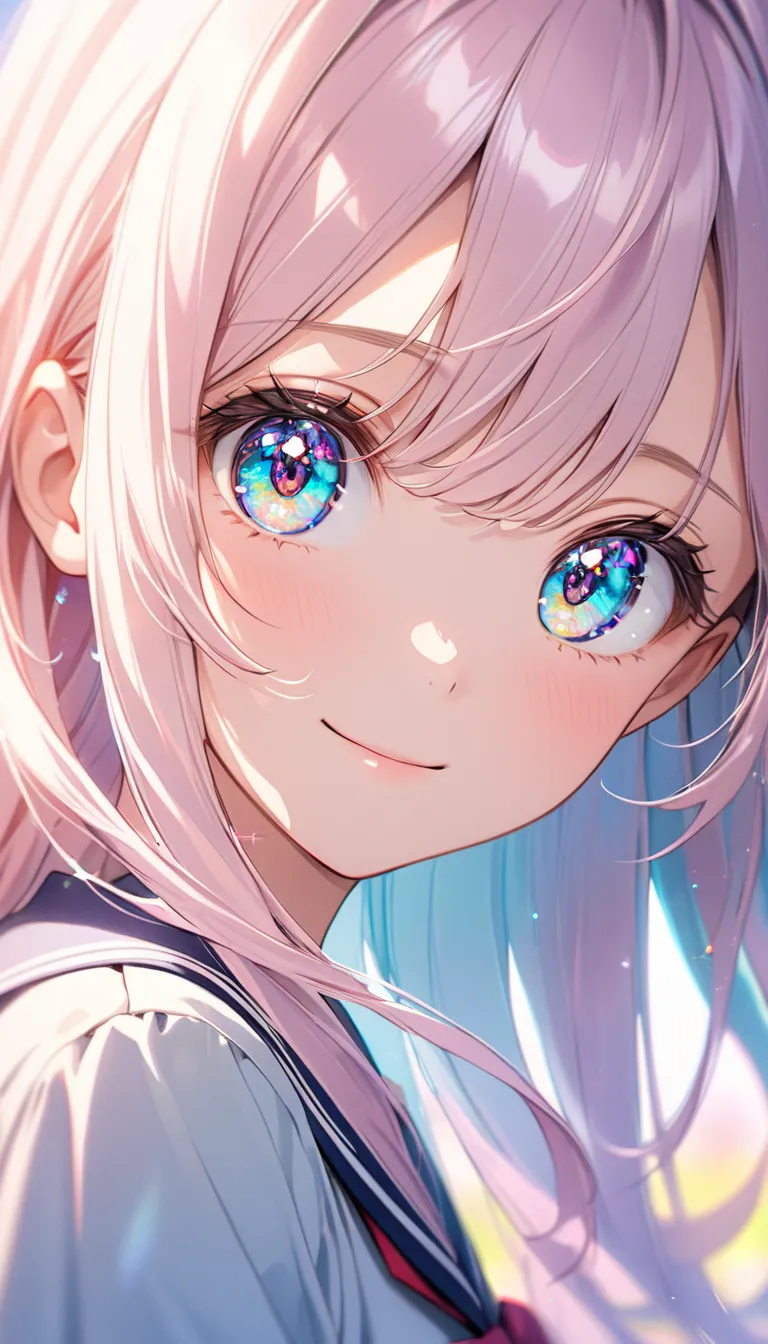 A beautiful anime girl with big sparkling eyes, long flowing shiny hair, delicate facial features, soft smile, school uniform, soft pastel background, high quality, ultra detailed, sharp focus, cinematic lighting, depth of field, vivid colors.