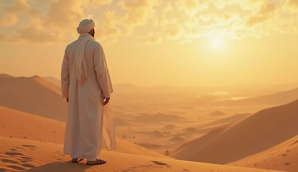 religious muslim man standing in the desert sand, back facing camera, detailed facial features, solemn expression, long white robe, turban, sandals, desert landscape, sand dunes, hot sun, hazy atmosphere, dramatic lighting, photorealistic, 8K, ultra-detail...