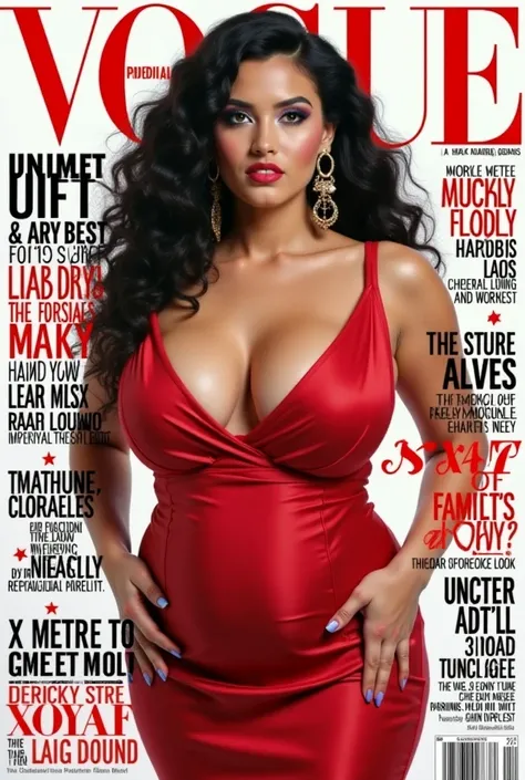 Create the cover of a fashion magazine with Wenesday AdamsFamily, real hyperrealist Hyperrealism as the protagonist of the cover and with background texts as if it were a real magazine.  outfit.  hyperrealism. live action magazine. very big breasts.