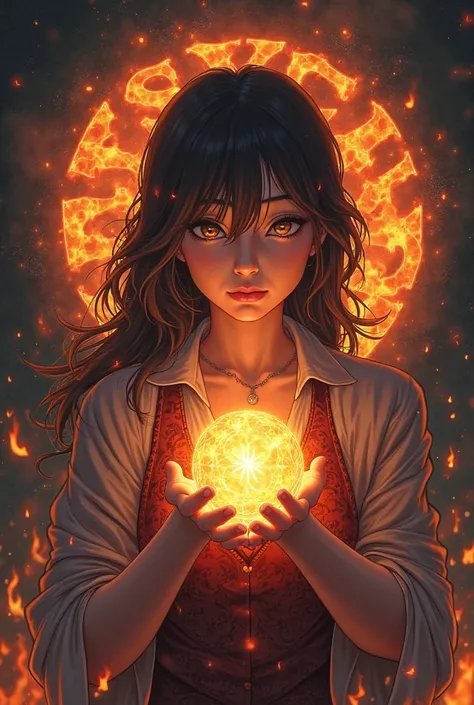 Create logo, a words Psycho Plays , fire font, fire, a woman girl holding pondering orb character anime, animation