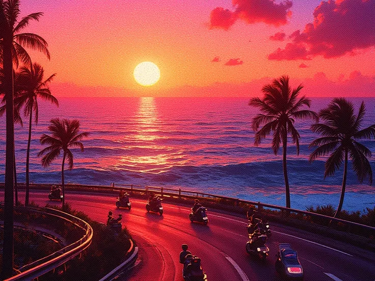 image depicting the ocean at sunset in synthwave style. The bottom half is a motorway, where scooters pass. That color is vivid、it's displayed like a prominent neon pink,  orange, The car .