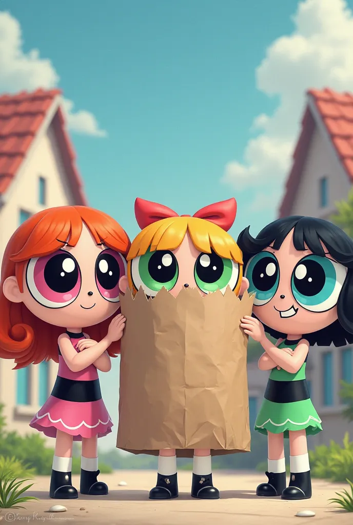 Create an image of the Powerpuff Girls together, but with the little flower with a paper bag hiding her face, only her eyes showing.

 