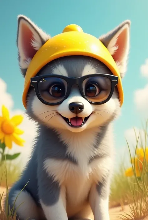 A cute pup of wolf with lemon helmet, wearing sunglasses