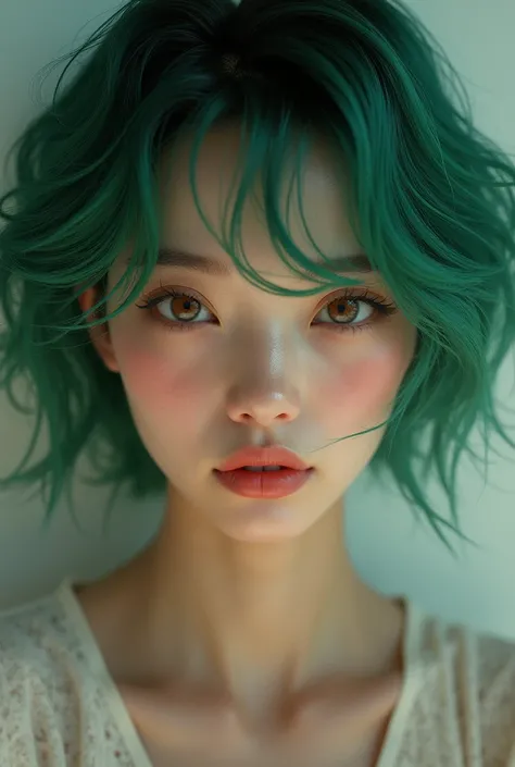 Asian girl with short green hair, brown eyes and sexy white skin