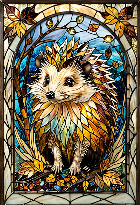"A stunning stained-glass artwork featuring a single, adorable hedgehog as the focal point. The hedgehog gazes forward with big, expressive eyes, radiating curiosity and warmth. Its quills are intricately detailed, appearing sharp and lifelike with natural...
