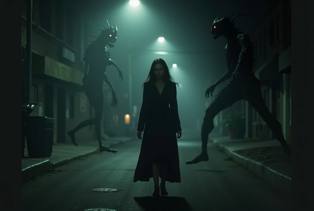 many Dark negative creatures trying to possess a woman walking on street alone.
