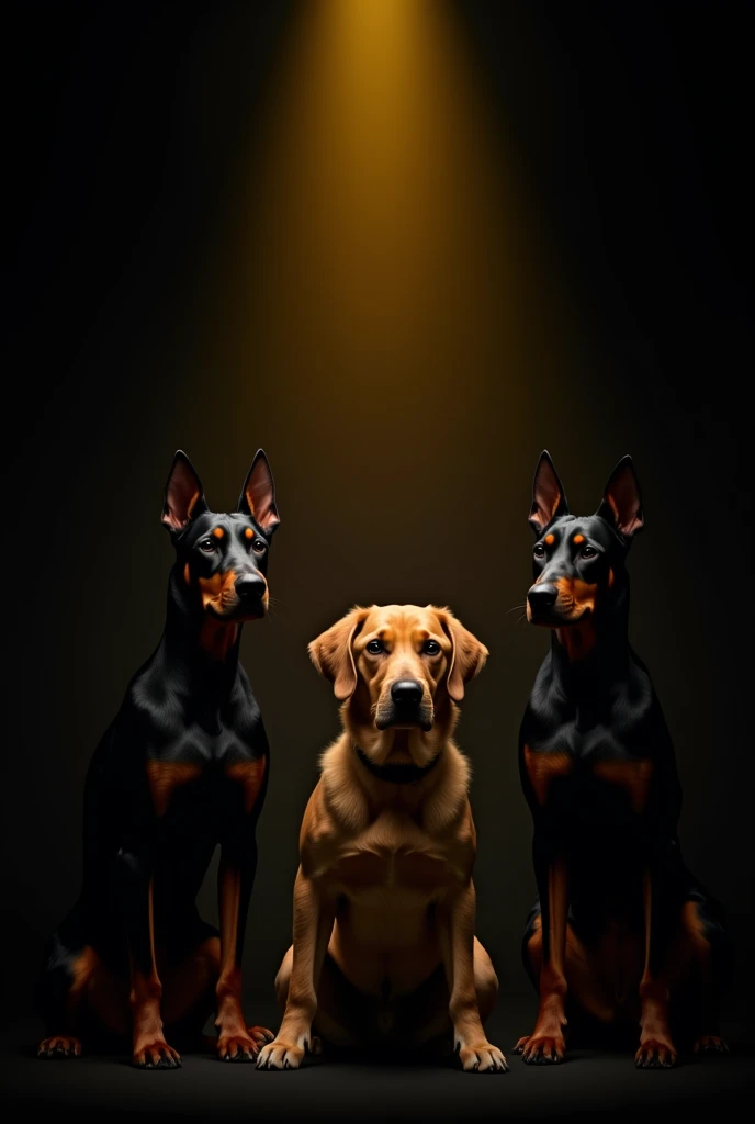 2 dobermans will be on the right and left. there will be 1 golden retriever in the middle. there will be 1 pitbull in the back. the background will be in a black tone. there will be lighting in the middle zone yellow light above the golden retriever.