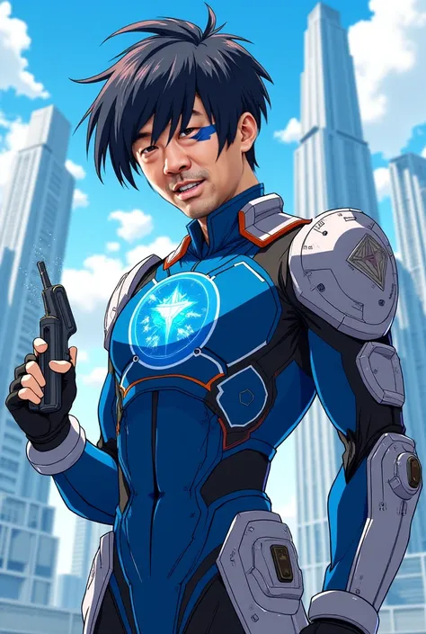 **Brief description:**

 A Man, based on the face sent, as a **Japanese anime-style superhero architect**. He is in a dynamic and powerful pose, with a futuristic costume that combines architectural elements, Like rulers , compasses and geometric structure...