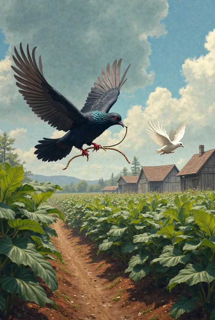 A black pigeon flies with a whip after a white dove on a tobacco farm