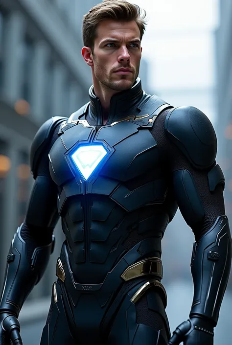 Make a male Futuristic superhero suit, muscular build, -inspired, high-tech fabric, armor, glowing emblem in white color and Salar name logo on chest