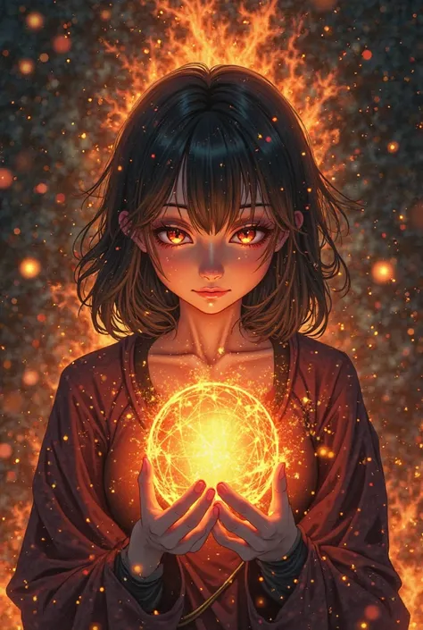 Create logo, a words Psycho Plays , fire font, fire, a woman girl holding pondering orb character anime, animation