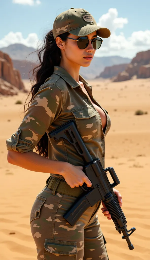 A stunning 20-year-old Cuban mercenary stands confidently in the vast expanse of a sun-scorched desert, sexy ,big boobs, open-chested clothes so that her breasts are visible, her striking features radiating both elegance and strength. Her long, wavy black ...