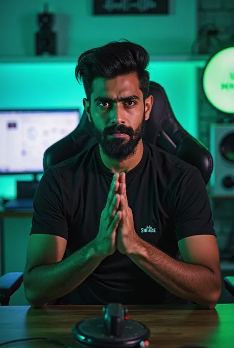 A 21 year old Indian boy sits in his YouTube studio on a modern gaming chair with a sigma personality and no smile on his face. The boy is sitting confidently and straight. The boy is in a seriously angry mood [**There is a table in front of the boy and on...