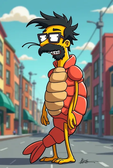 A Simpson-style character, thin, with beard, black hair, glasses and disguised as a shrimp.
