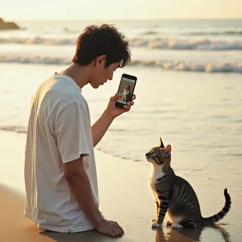 Japanese man wearing a white t-shirt ,  beach、(  and sees a man's back 、I see a cat、 He holds a phone in his hand 、 pointing at the display case .(It's as if I'm taking pictures of cats with my cell phone camera).full body
