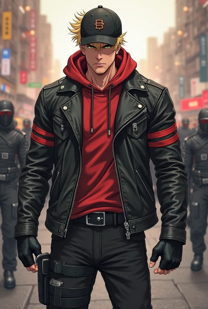  ANIME MATURE STYLE. a muscular build BLONDE, exuding strength and confidence. He wears a rugged, fitted BALCK LEATHER jacket with an asymmetrical zipper and subtle collar design, providing a sleek, tactical look. THERES A DOUBLE RED STRIPES ON BOTH SLEEVE...