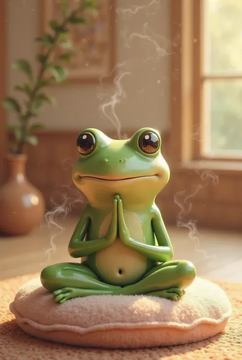 A whimsical and serene scene featuring a cartoonish green frog sitting in a meditative lotus pose on a soft cushion. The frog appears calm and enlightened, with its fingers forming a classic meditation mudra. A warm golden light filters through a window in...