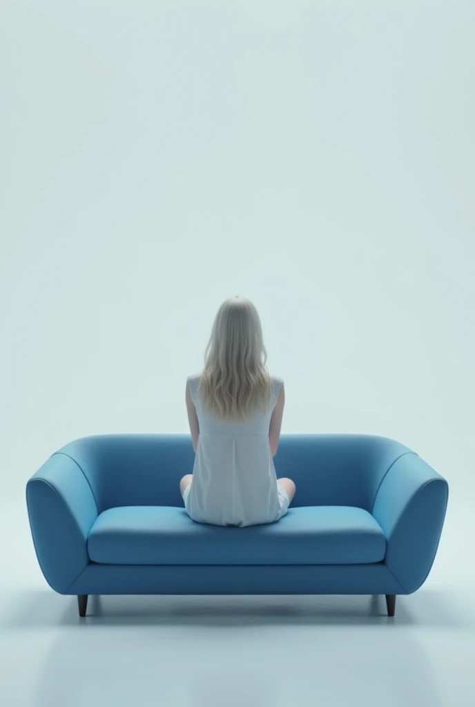 It's a minimalist design. We see a woman sitting on a blue couch.  elle est blonde . She is from behind. 