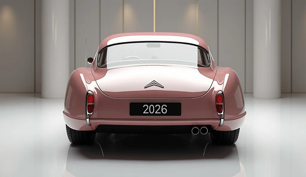 create an ultra-detailed 3D render of a Classic, close-up rear view of 1962 Citroen ID19 with a bold design. The car should feature a 'Gleamy glossy painted  Rose Gray' color with a 'Citroen' logo on its prominent back, and sleek frontlights. The body shou...