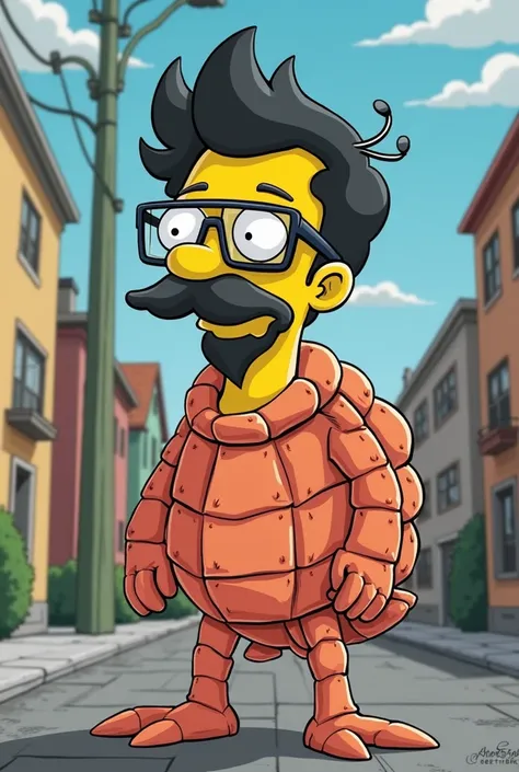 A Simpson-style character, thin, with beard, black hair, glasses and disguised as a shrimp.
