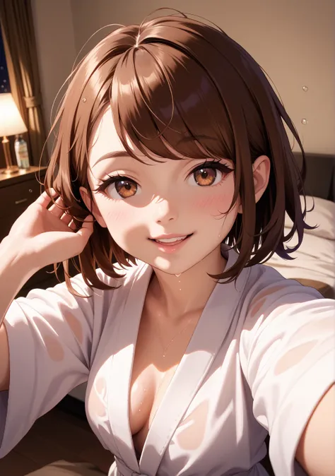 Selfie, Selfies,one girl, white bathrobe,night,short hair,brown hair, brown eyes, swept bangs, drunk,cheers,sit, bedroom, NSFW,fat old man,Wet Hair,