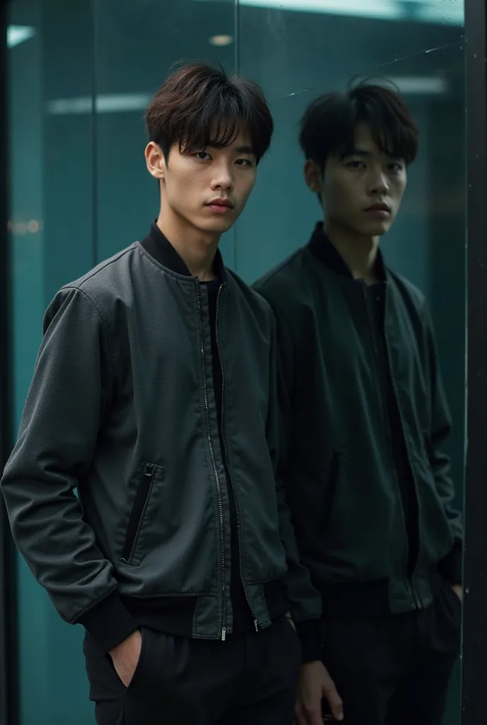 A young man, likely Southeast Asian, is the central subject. He is in his late s or early twenties, with short, dark brown hair styled in a modern, slightly tousled fashion. He is wearing a dark gray or black bomber jacket, and dark pants.  His expression ...