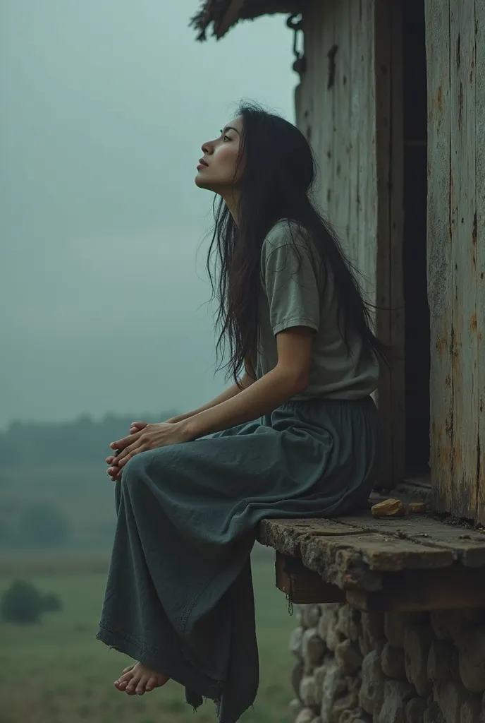 the woman who was crying silently sat on the edge of the hut, as if waiting for someone. While looking up. Physical characteristics: long hair, no smile.