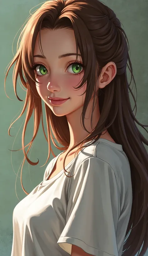 masterpiece, high score, great score, absurdres, close-up, beautiful woman, Yuna final fantasy X, brown hair, long hair, beautiful green eyes, looking at viewer, smile, wink, ;), oversized t-shirt, simple background, vivid colors, volumetric lighting, soft...