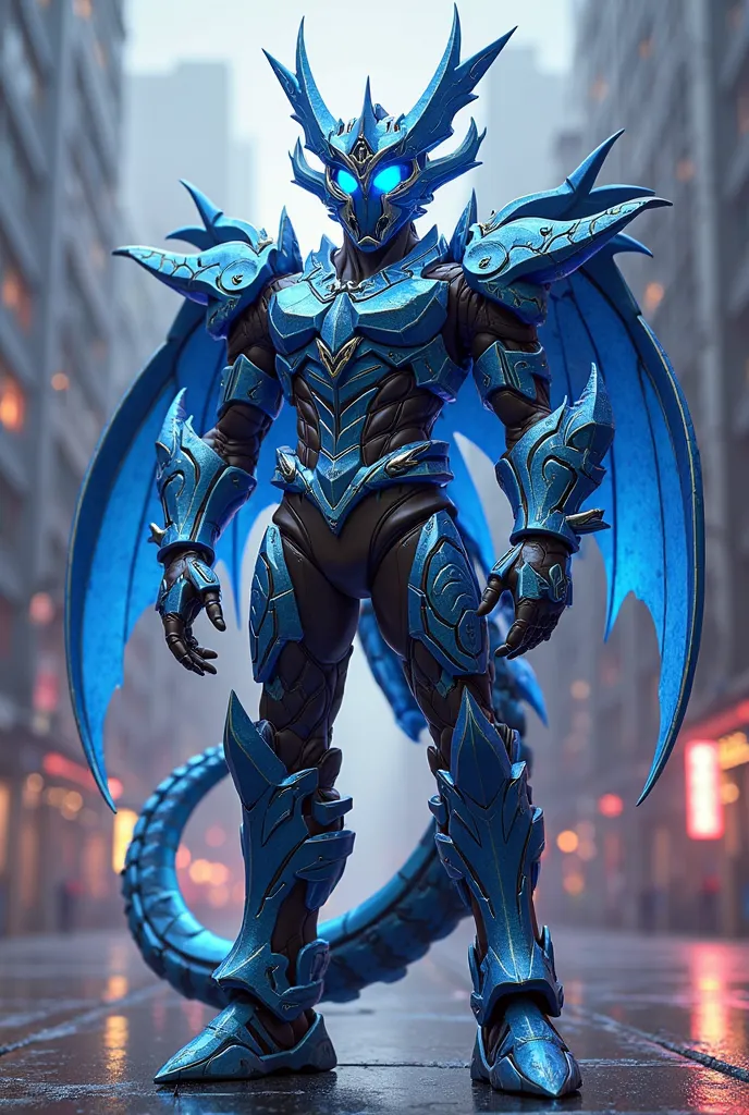 Create a kamen rider image based on the design of blue eye dragon yugioh