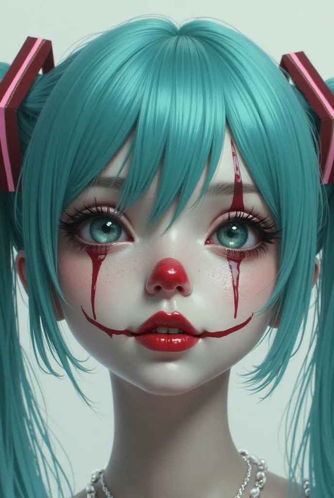 Hatsune Miku her original design with the painted face of a clown