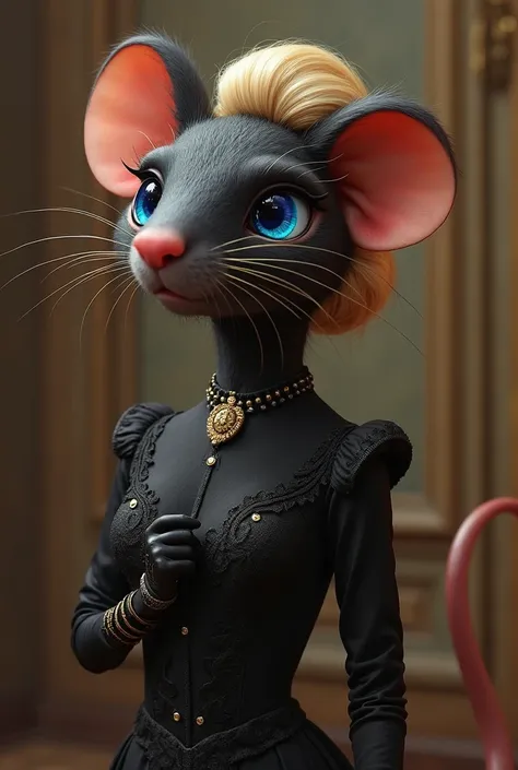 An elegant female rat in a black coat, with blond hair, Blue eyes, un chignon de gala qui ressemble à Grace Kelly 