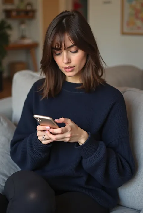  Ultrarealistic image . A pretty slim brunette 25-year-old German woman.  She has a narrow face with high cheekbones. She has straight shoulder-length hair . She is wearing a dark blue sweater and black yoga pants. She is sitting on a couch in her living r...