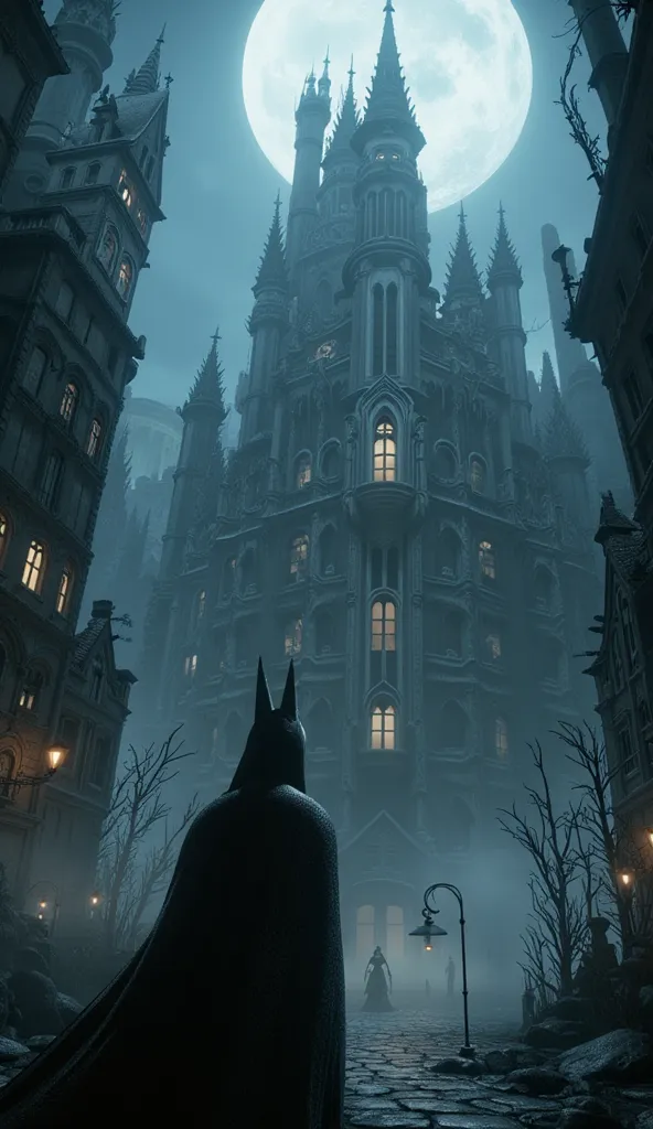 masterpiece , modern with high building gotham city from dc world ,use The color palette is a mix of muted blues and grays, with subtle lighting effects adding depth and ambiance. The art style is a blend of fantasy realism and stylized animation, reminisc...