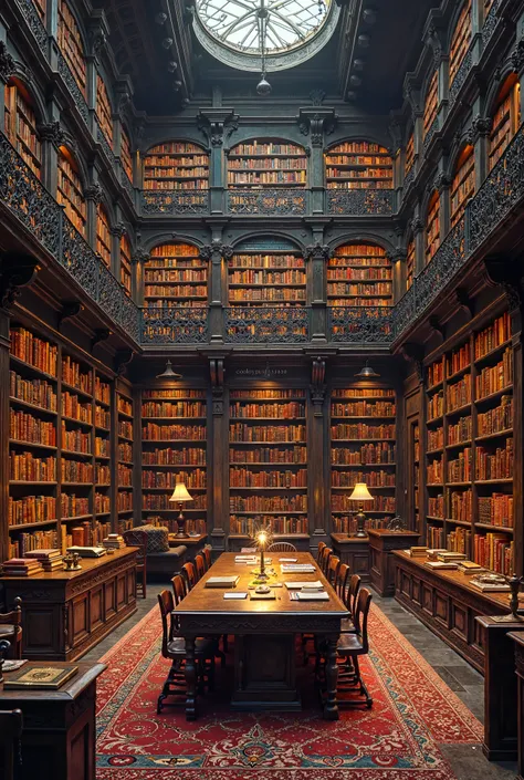 A university library, filled with books of all colors, shining with soft, low golden light.  and richly textured shelves, and dark furniture, with a large table in the center, ,High resolution, Scarlarte red colors, navy blue and yellowish