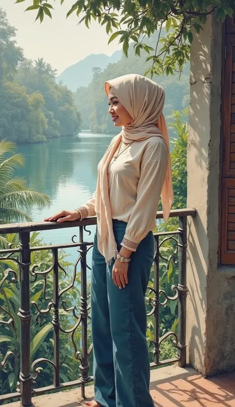 Prompt: A realism picture of a Malay woman,beautiful & charming,smiling,wearing a satin cream colored ,very big,long hijab,a torquise blouse & dark blue chinos,sweet shyly smile,standing while placing her hands on the iron of the balcony house,seeing the b...