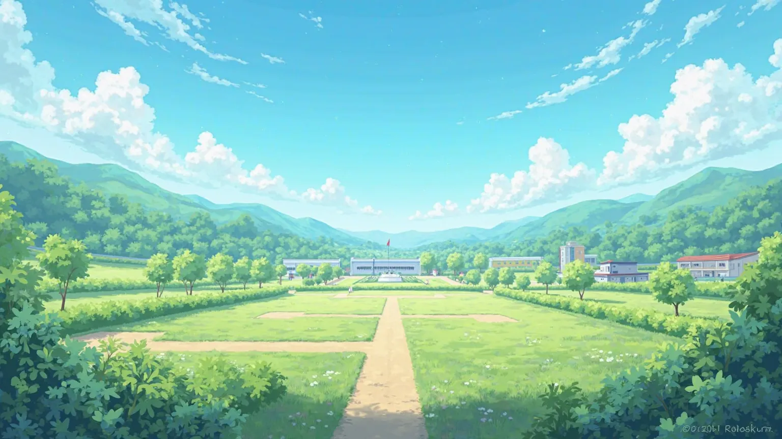  Anime style, clear sunny day. Army training ground. None of the people. 